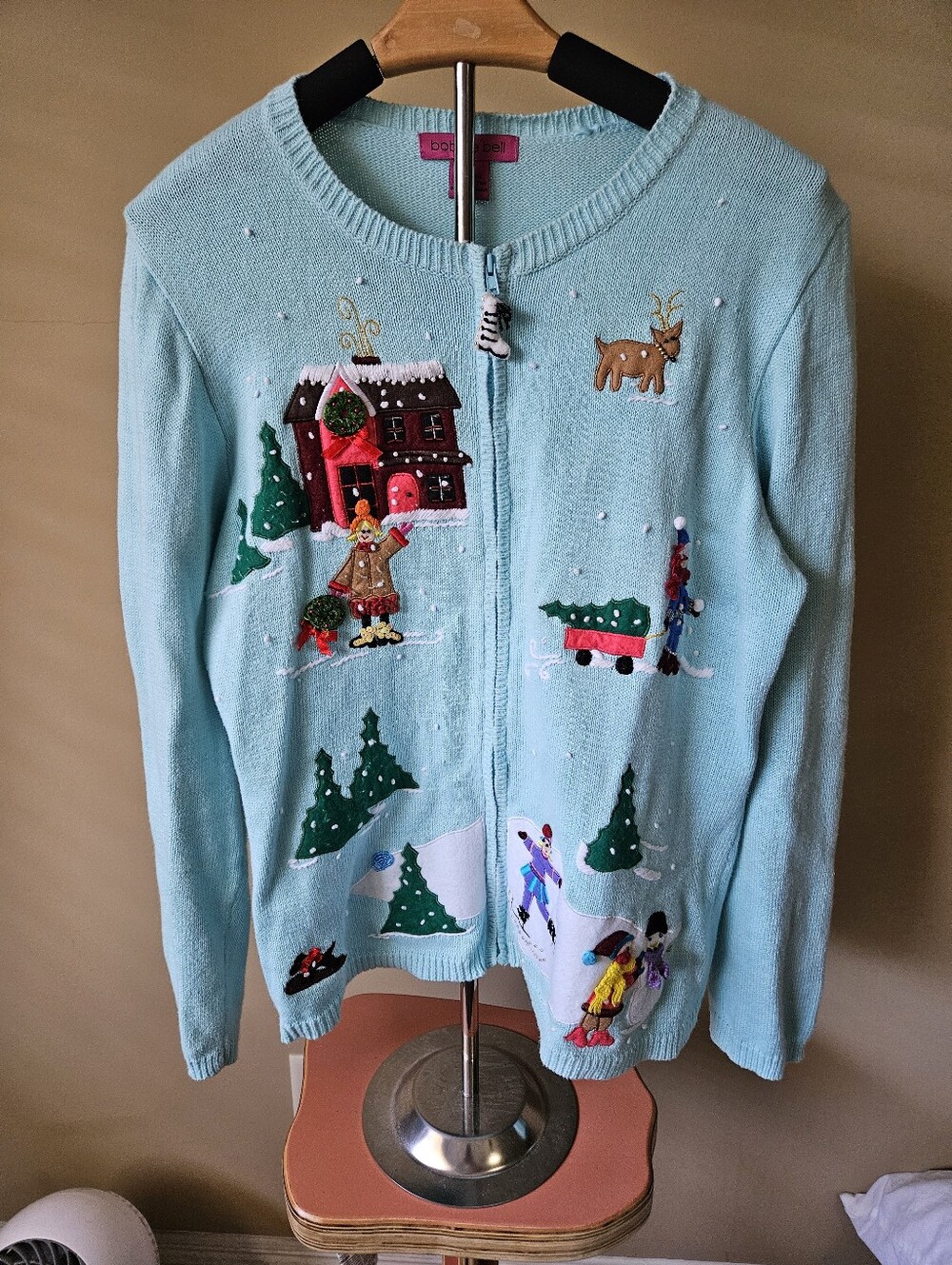 Vintage Bobbie Bell Christmas Cardigan Sweater Zip Up - Size M